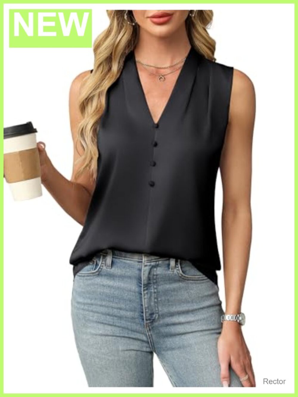 Satin V Neck Button Front Tank Top Sleeveless Business Casual Blouse